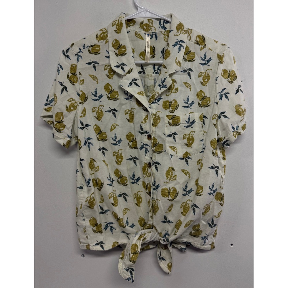 KUHL Women Lemon Print Tie Front Short Sleeve Button Up Shirt 8191 White S